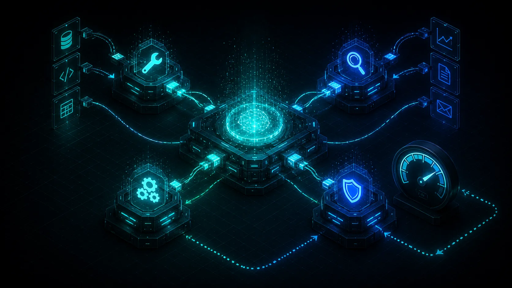 An orchestra of specialised sub-agents around a central orchestrator