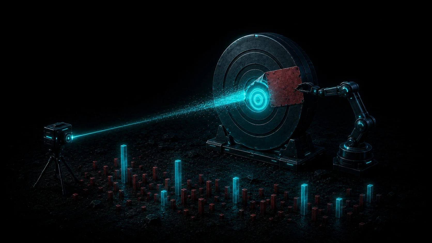 An isometric target with a red label being peeled back by a teal beam to reveal the true bullseye, over a field of asymmetric red and teal bars.
